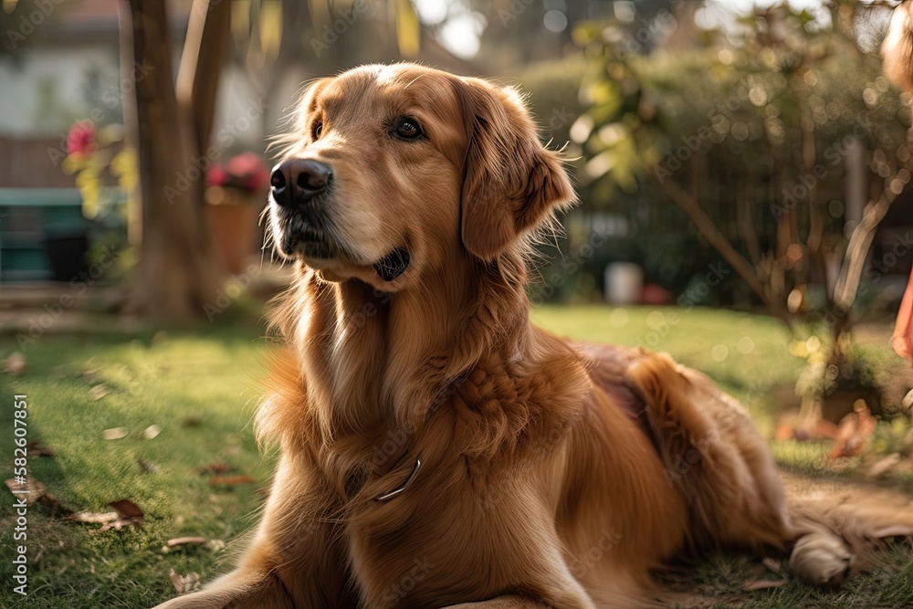 Golden retriever sitting in yard. Generative AI