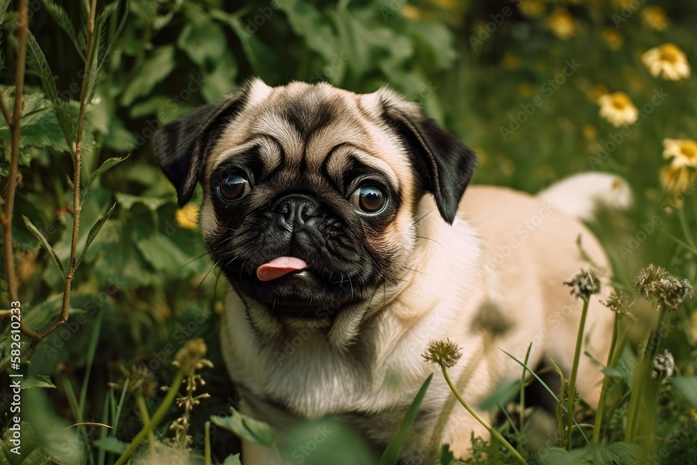 Dog in a garden. Generative AI