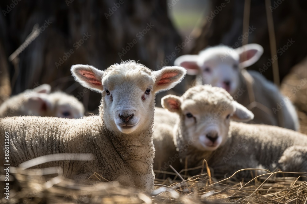 fuzzy young lambs separated from their mother in a paddock. Generative AI