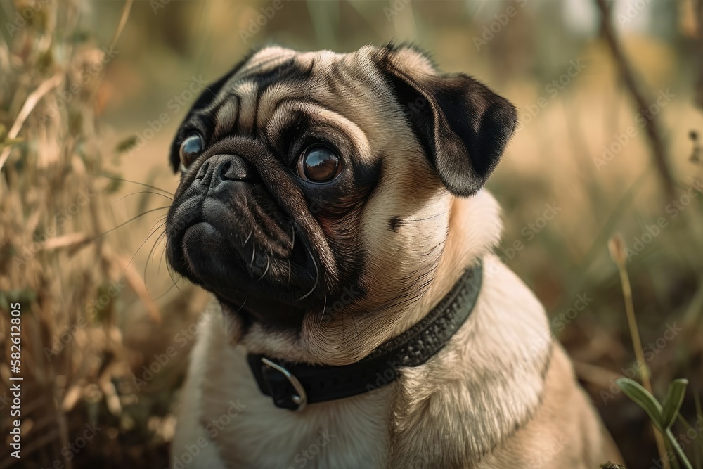 Cute pug dog sitting and paying close attention to the photographer in a portrait. copy space on a g