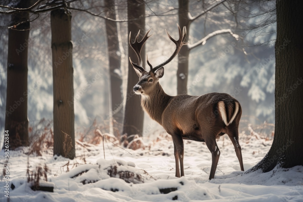 Wintertime deer in the forest. Generative AI