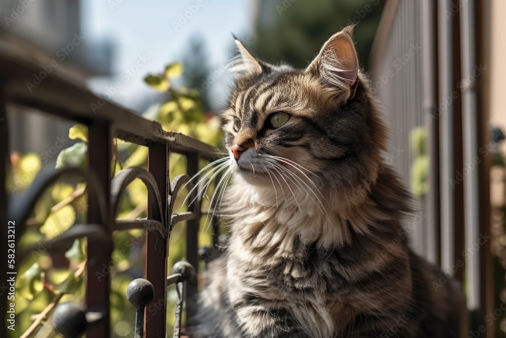 House cat on a gated balcony. Generative AI