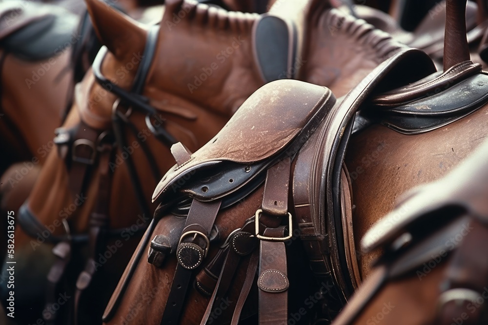 Horses Polo Saddles Paddock Close up image of polo horses and ponies in paddock, saddled for a game.