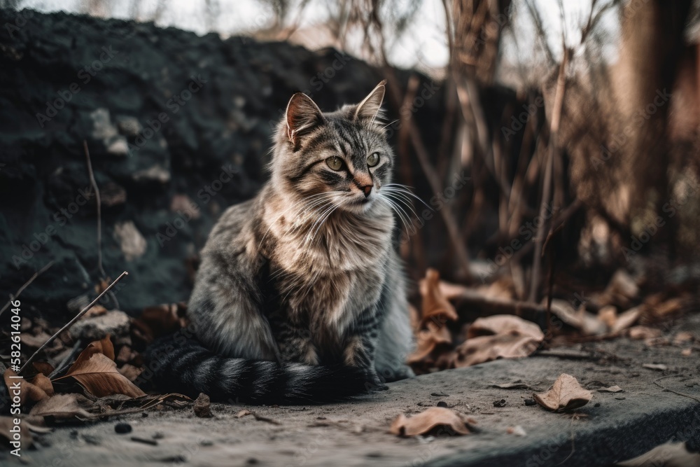 Cat is perched on the ground and is gazing to the right. retro aesthetic. Generative AI