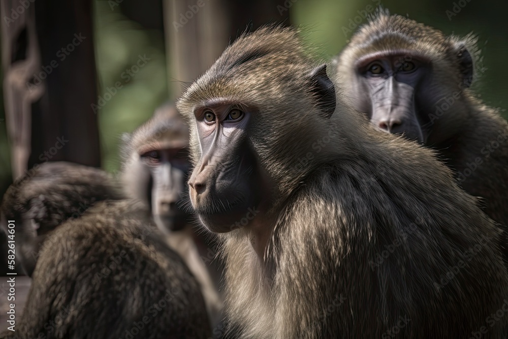 2016 photo of baboons in an outdoor resort in Magdeburg, Germany. Generative AI