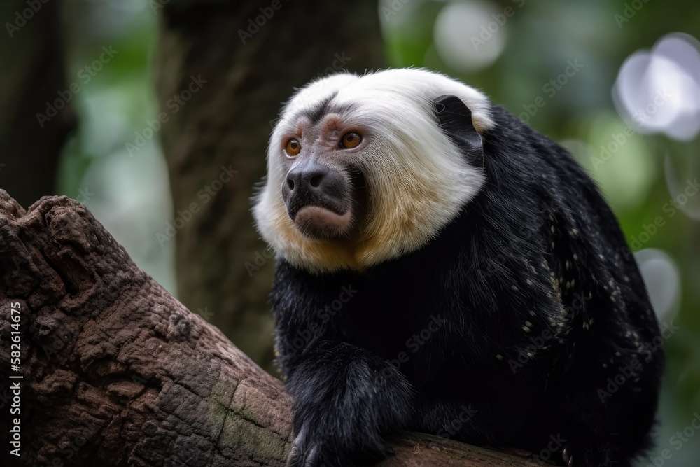 A saki with a white face seated on a tree. Generative AI