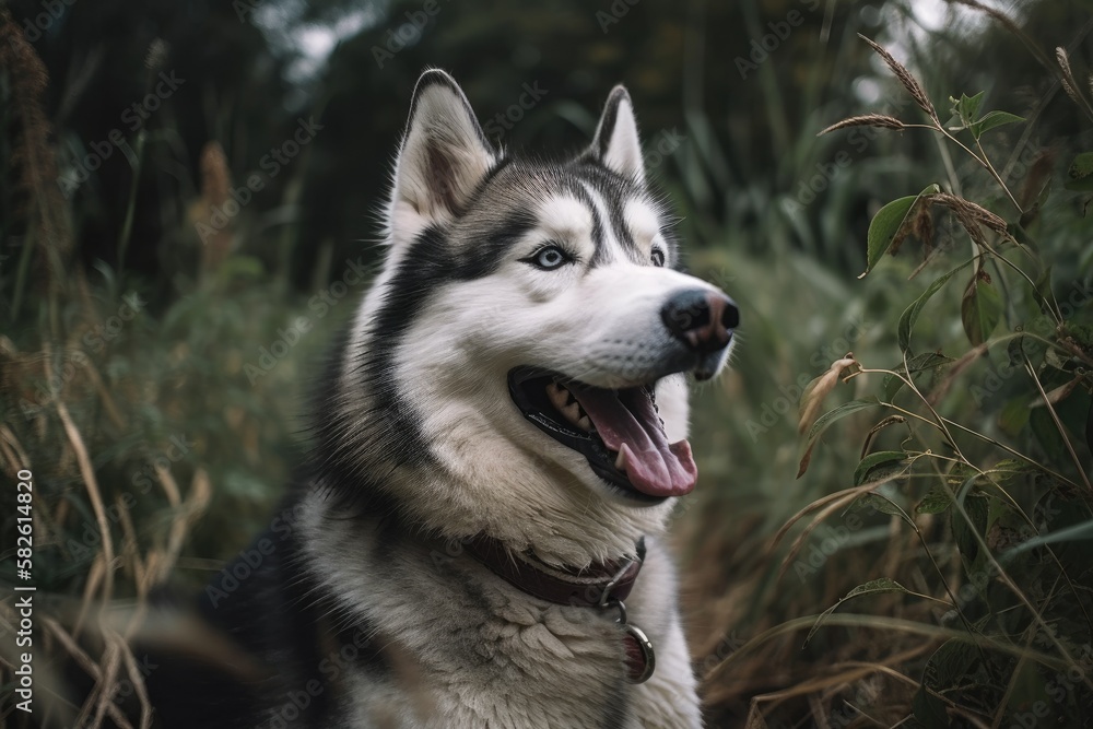 Outdoor portrait of a Siberian Husky dog. Generative AI