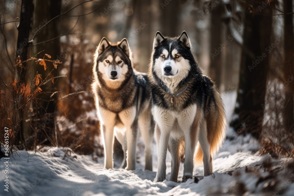 two canine breeds Walking through a winter woodland is an Alaskan Malamute. Generative AI