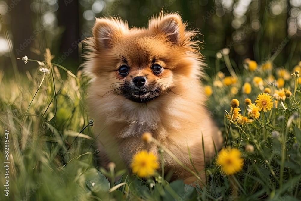 A small Pomeranian puppy is sitting in the grass and is sniffing a camomile flower. Generative AI