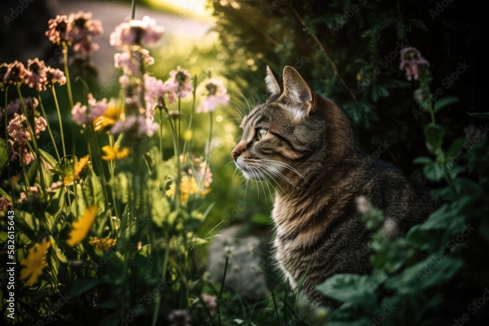 Sitting in the garden at dusk is a cat with shiny fur. a cat and a garden in the sun. Cat relaxing o