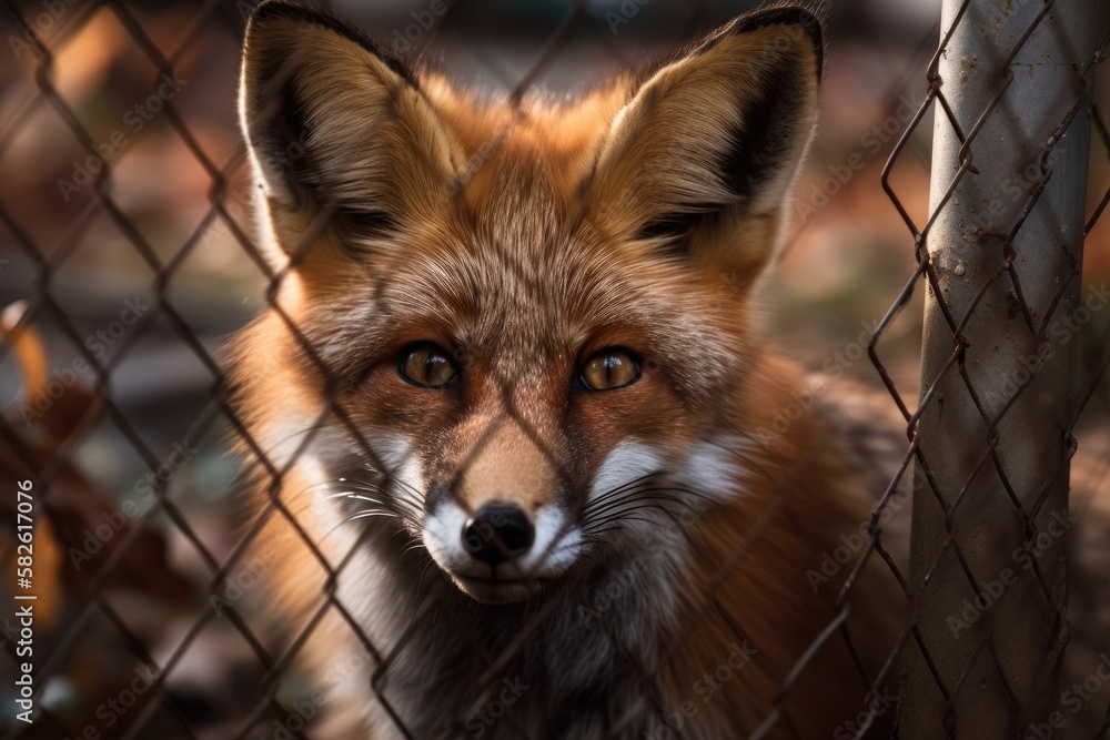 animals kept in cages. In a cage, a fox. Generative AI