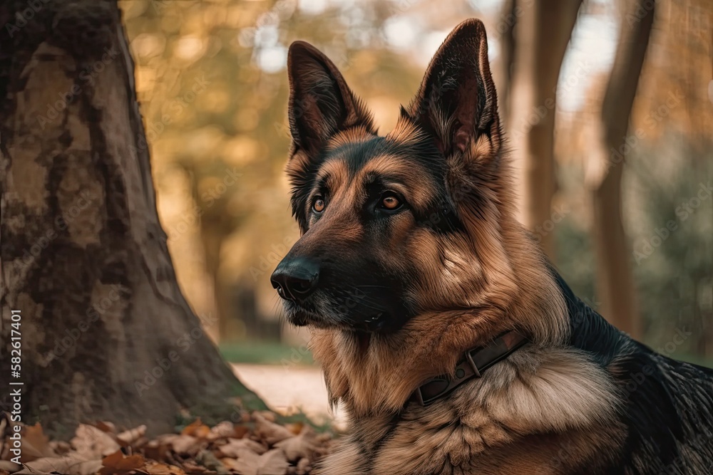 Brown adult German shepherd at the park by the tree. Dog at the doorway. Generative AI