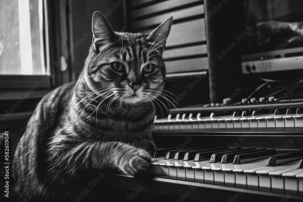 A domestic cat relaxing on a musical instrument, an adult tabby cat playing the synthesizer, and a c