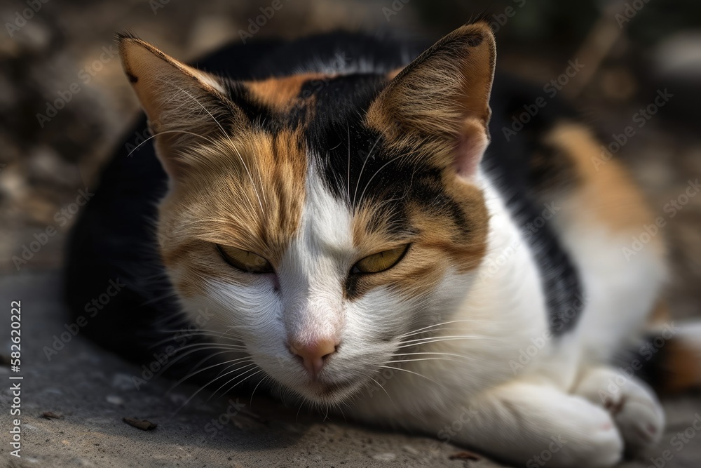 Female cat in black, orange, and white sleeping on the ground, facing the camera. Generative AI