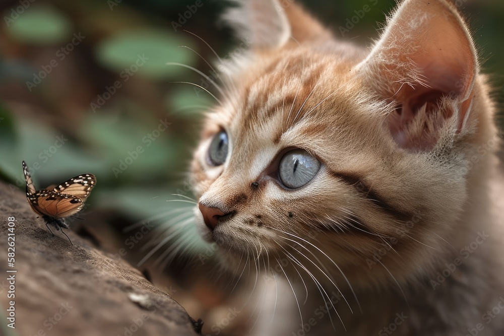 Cat sized kitten interacting with a butterfly. Generative AI