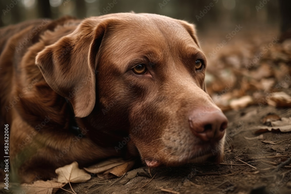 Labrador Retriever dog in brown sleeping on the ground. Generative AI