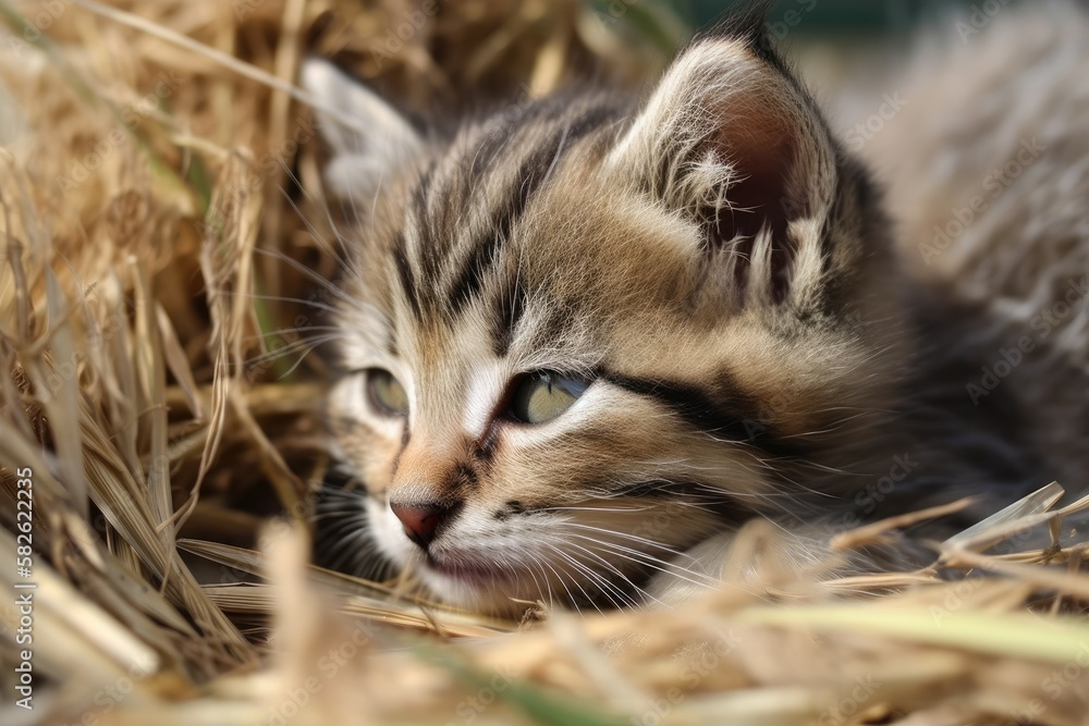 A male kittens face napping on some dry grass in the garden, with a blurred background. emphasis on