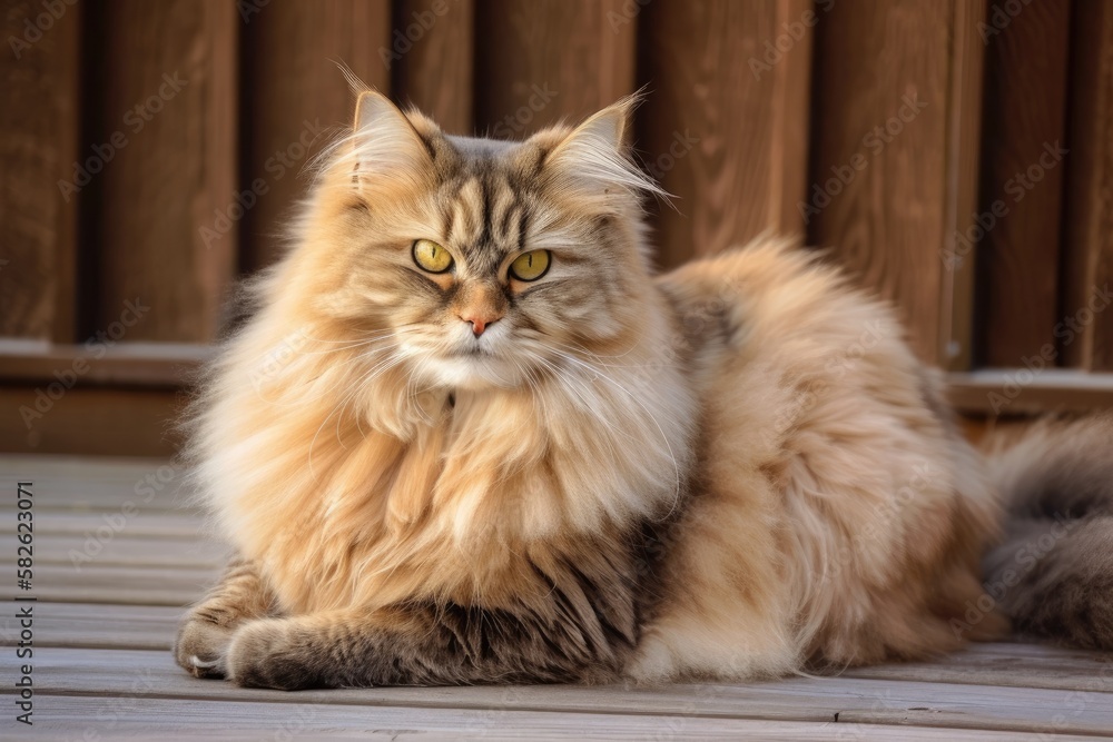 Cat Portrait on a Wooden Porch with Golden Eyes and Fluffy Hair Whiskers. Generative AI