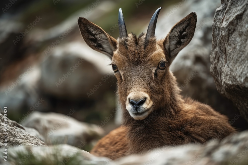 A young ibex portrait with rocks in the backdrop. Generative AI