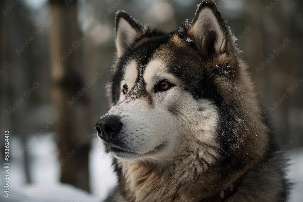 Alaskan Malamute in Snow, Head Profile, Close Up. Generative AI