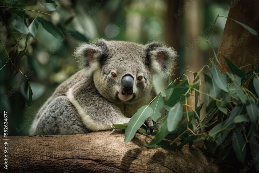 Grey Koala bear mammal napping on a tree limb in the forest, surrounded by Australian shrubs and tre