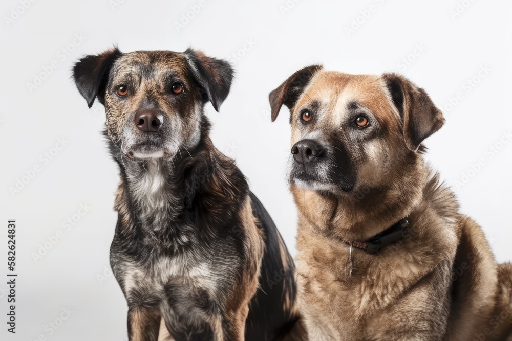 two mixed breed dogs against a white background. Generative AI