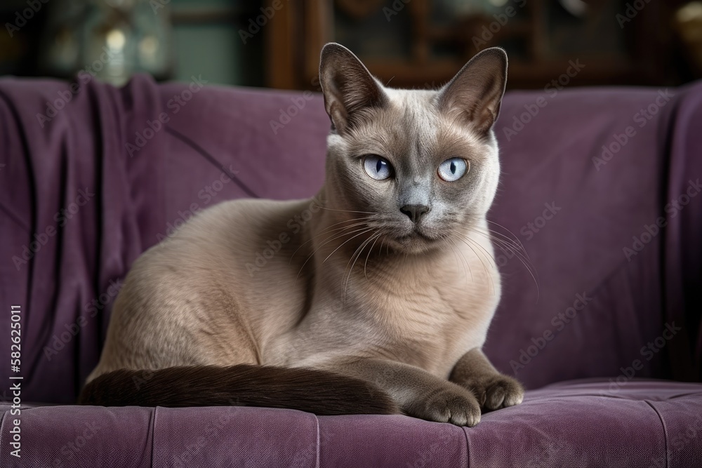 Lilac colored European Burmese cat sitting on sofa. Generative AI