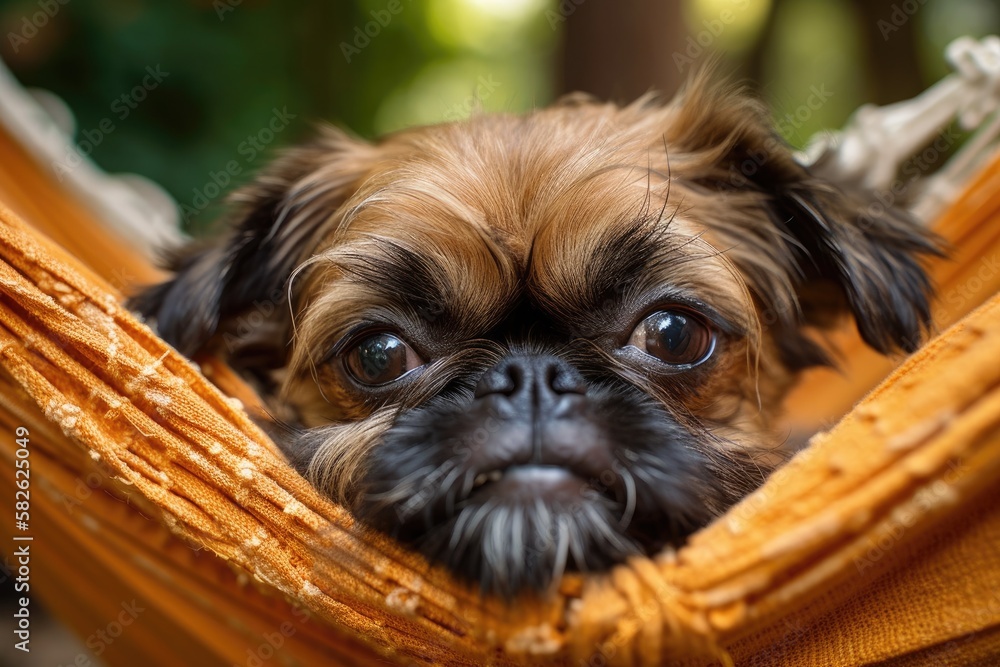 A Brussels Griffon puppy rests in a hammock for Pets. Generative AI