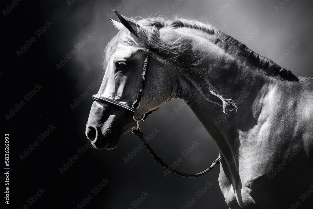 In motion, an Andalusian horse in a halter in mild smoke. Photograph in black and white. Generative 