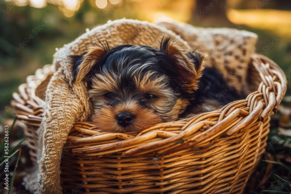 little newborn Biewer Yorkie puppy snoozes in a basket while wrapped like a baby. from the top down.