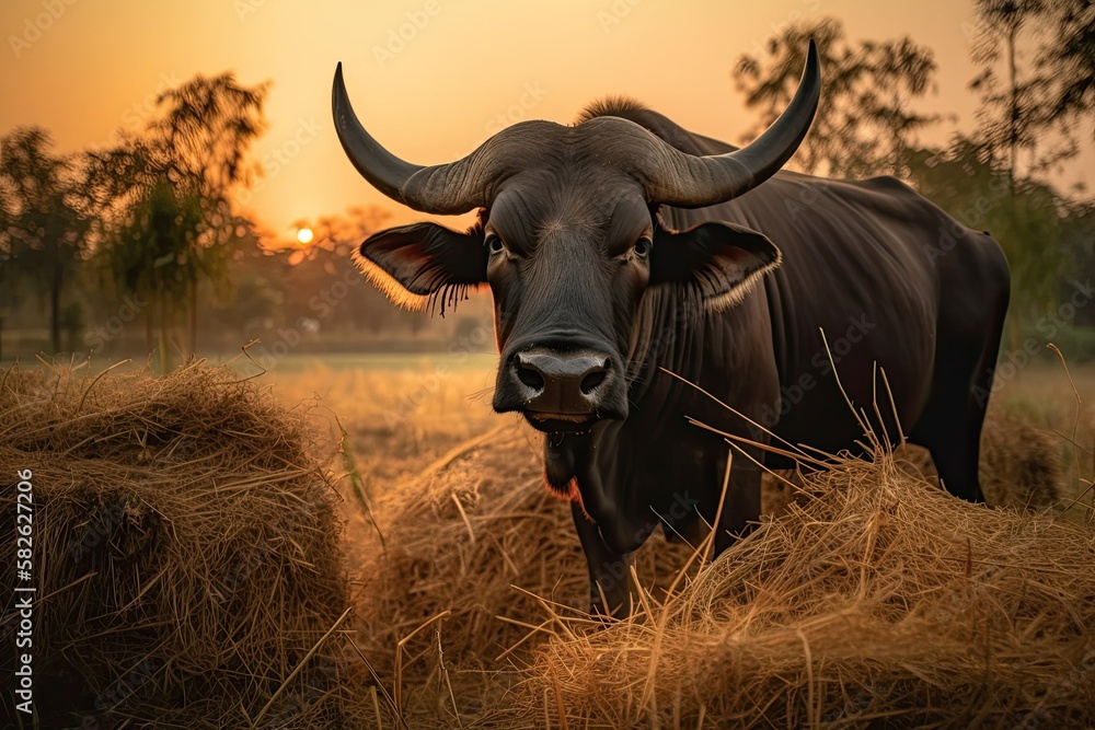 Buffalo returned to his stall at Sunset. Generative AI