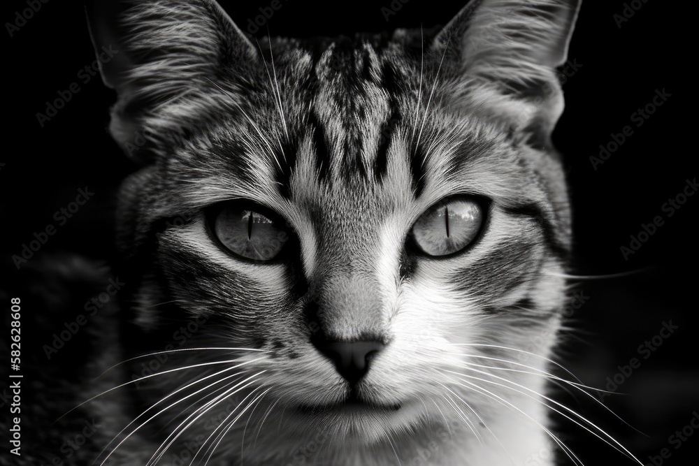 a black and white image of a cats face gazing into the lens. Generative AI