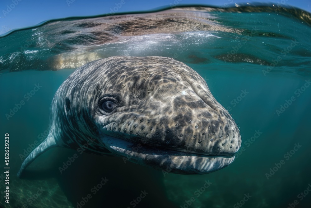 a picture of a young grey whale calf gazing at you. Generative AI