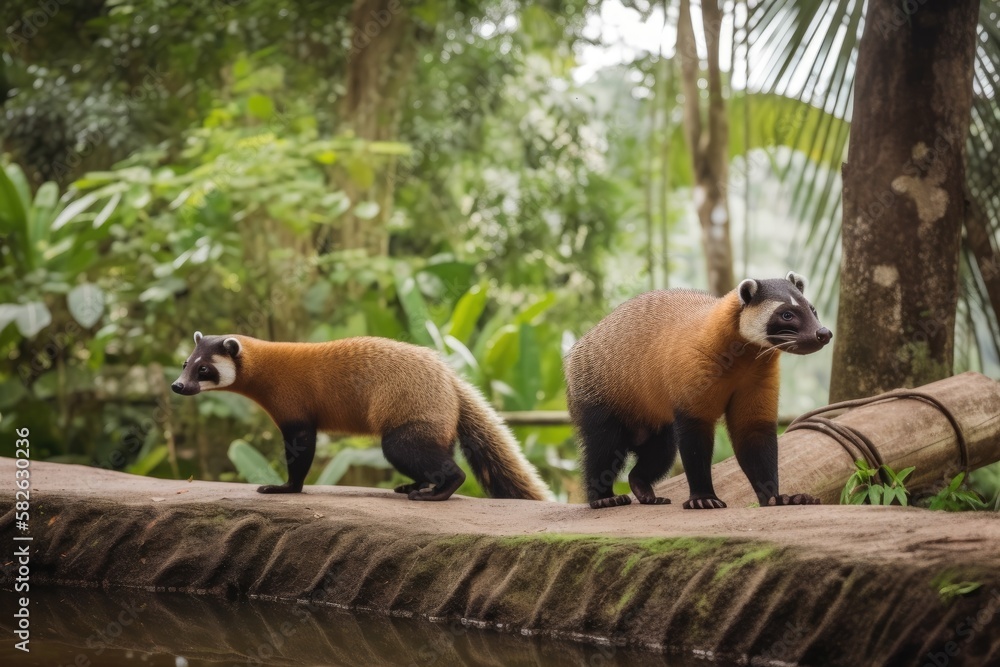 Brazilian park with South American Coati and Nasua nasuas. Generative AI