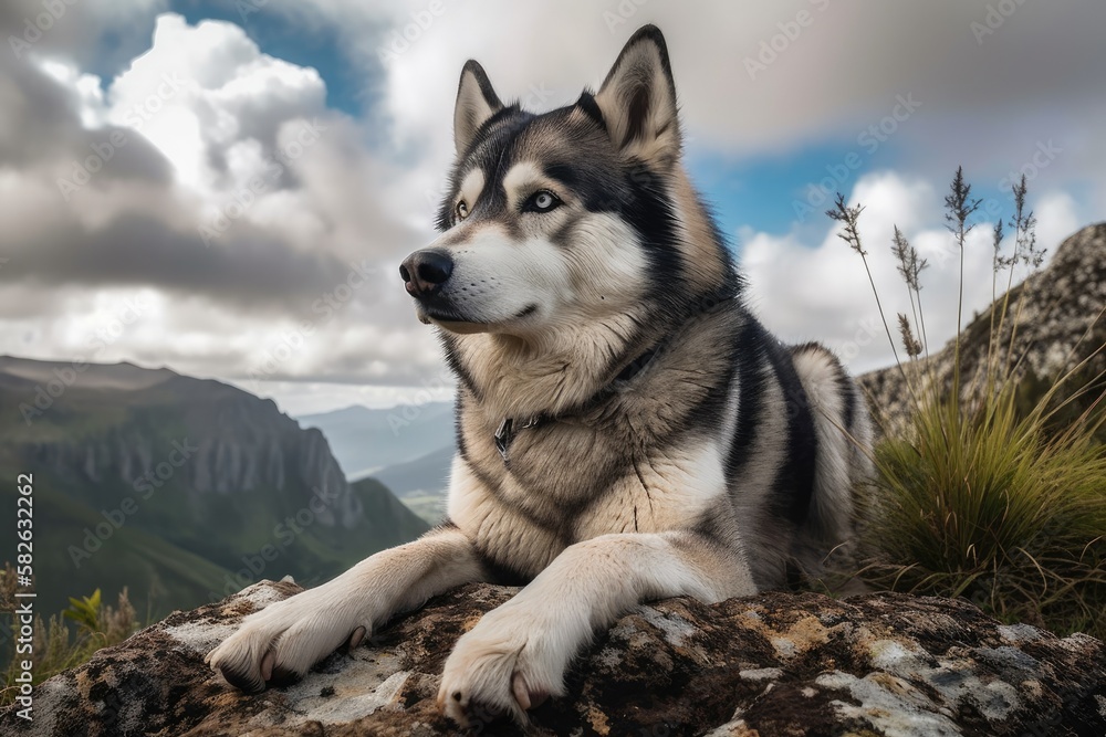 A gray Siberian husky is portrayed in this portrait as it sits on a rock, gazes into the camera, and