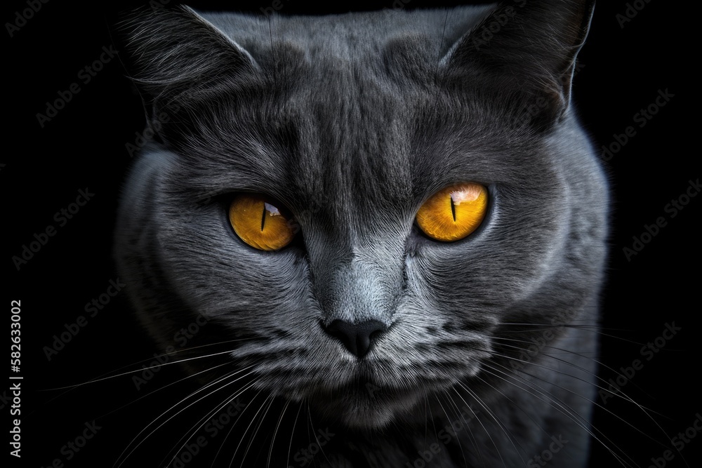 Grey cat from Chartres with orange yellow eyes. Lovely animal. Generative AI