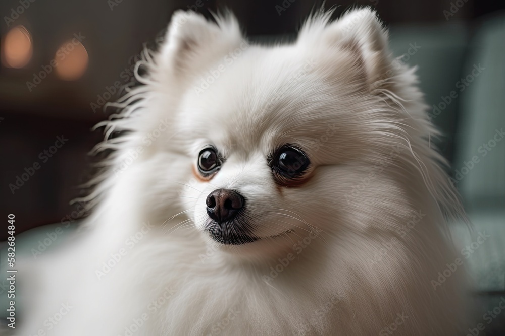 lovely fluffy white pomeranian, tiny pet friendly in home. Generative AI