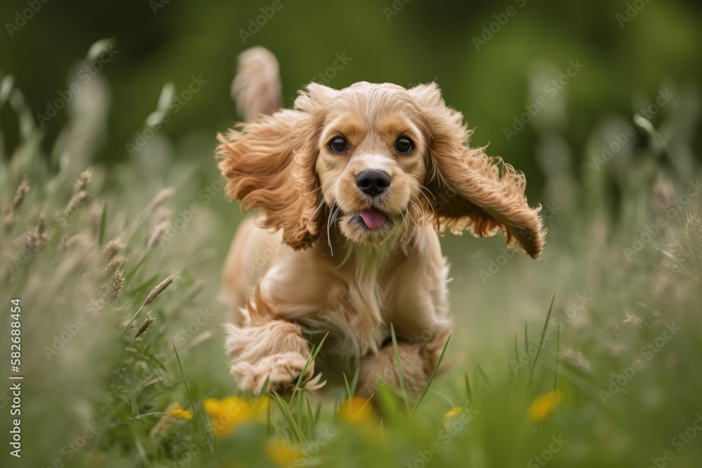 A puppy cocker spaniel runs through the green grass. Generative AI