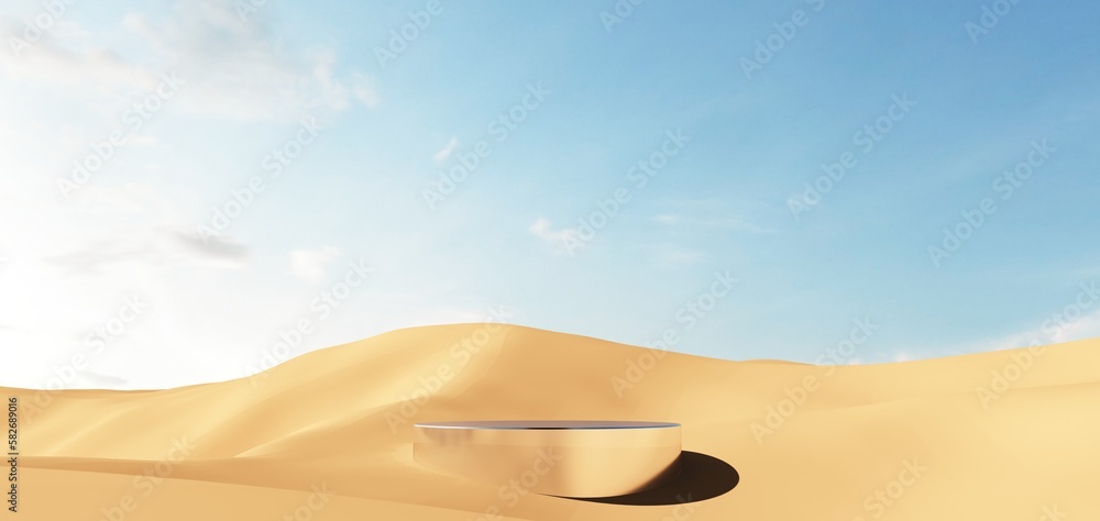 3d render of surreal landscape with round podium in the water and colorful sand. Podium, display on 