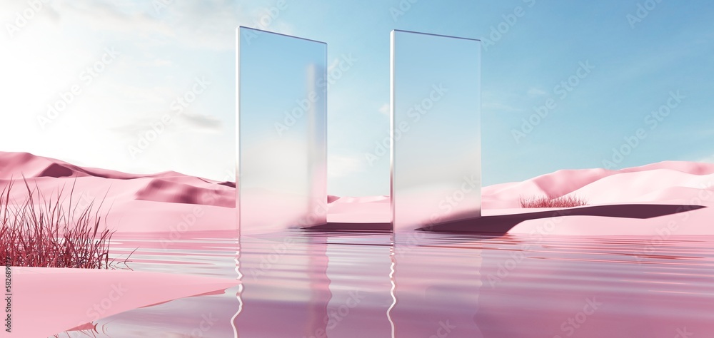 3d render of surreal landscape with round podium in the water and colorful sand. Podium, display on 