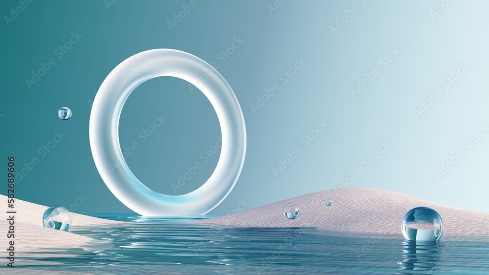 3d render of surreal landscape with round podium in the water and white sand. Podium, display on the