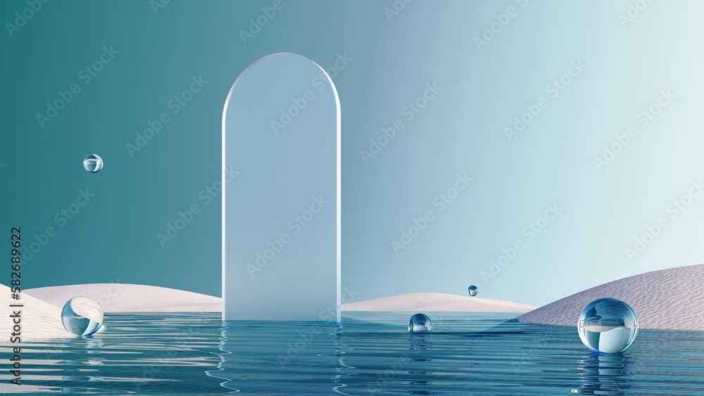 3d render of surreal landscape with round podium in the water and white sand. Podium, display on the