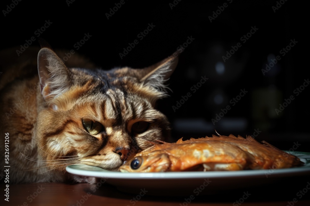 Deep Fried Fish Head is being watched by a sleeping cat. Focusing on the fishs head. Generative AI