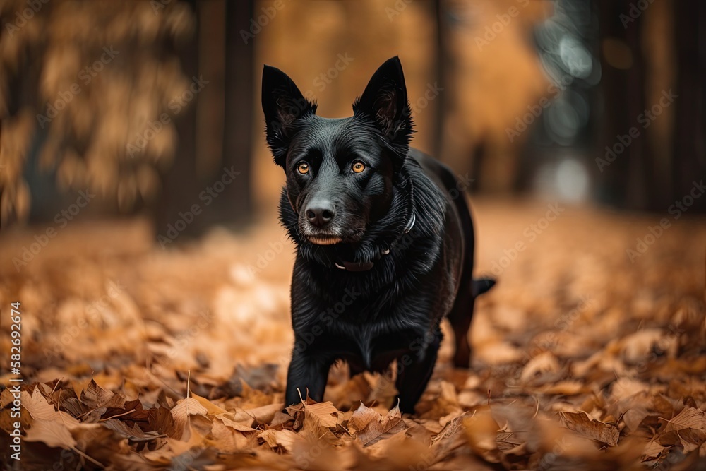 A black dog walks across a park with fall brown leaves. Generative AI