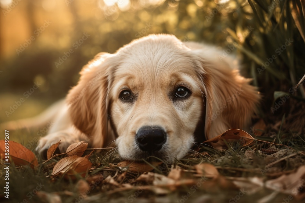 The puppy is lying on its back and looks adorable. A golden retriever puppy portrait. Lovely puppy. 