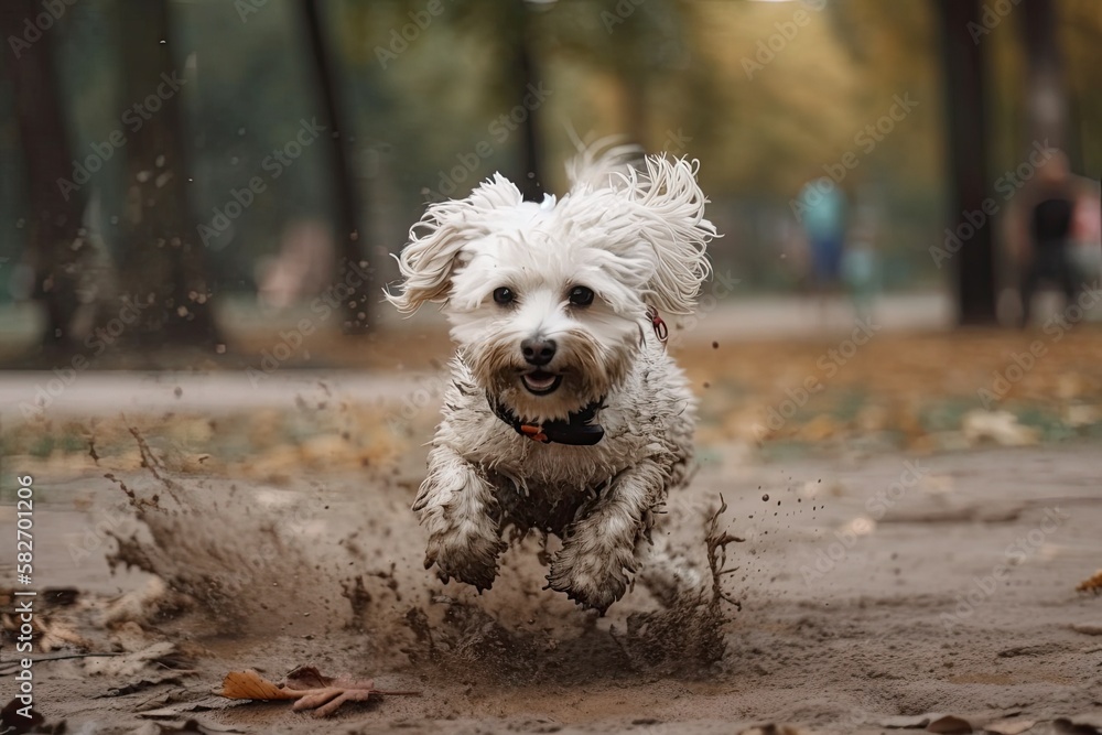 Cute Maltese Poodle cross In the park, a puppy (or Maltipoo dog) is joyously running and jumping. Se