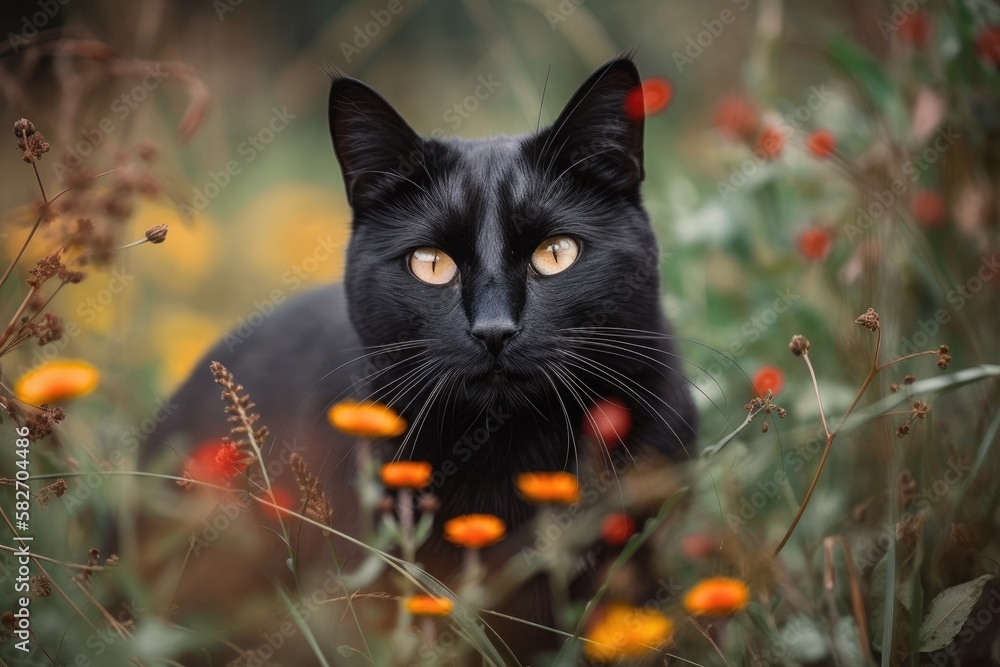 Autumn in the field with a black cat in the grass. Generative AI