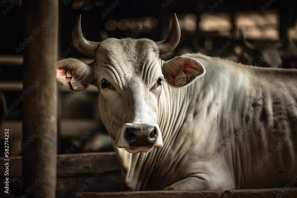 An ox is confined in the auction stall stable in this portrait. Generative AI