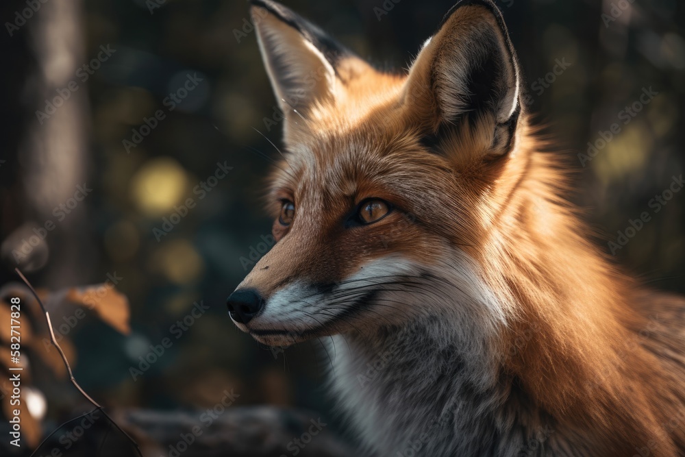 a fox in the woods at close up. Generative AI