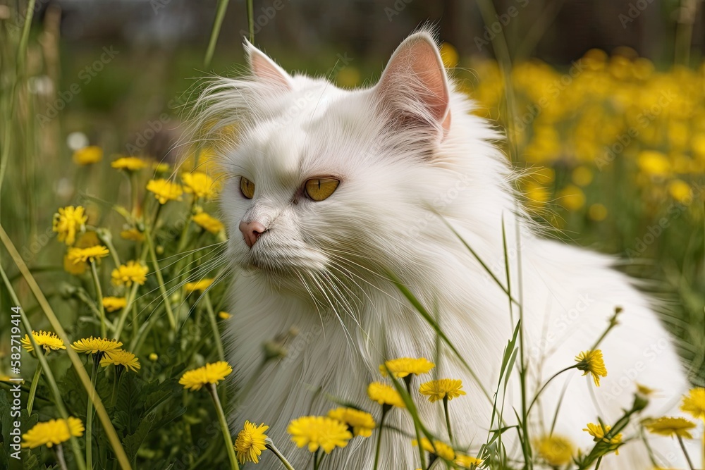 In the spring, a lovely white cat strolls among flowering dandelions. Generative AI